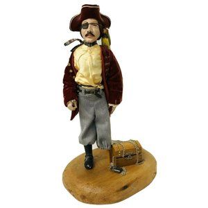 Handmade Pirate Doll with Parrot and Treasure Chest Display